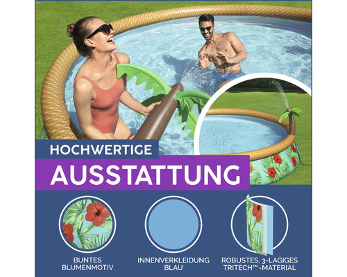 Aufblasbarer Pool mit Palmen-Design, buntem Blumenmuster und TRITECH-Material.