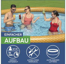 Aufblasbarer Pool mit drei Personen und Cocktailgläsern. Einfache Installation in 10 Minuten ohne Werkzeug mit aufblasbarem Luftring.