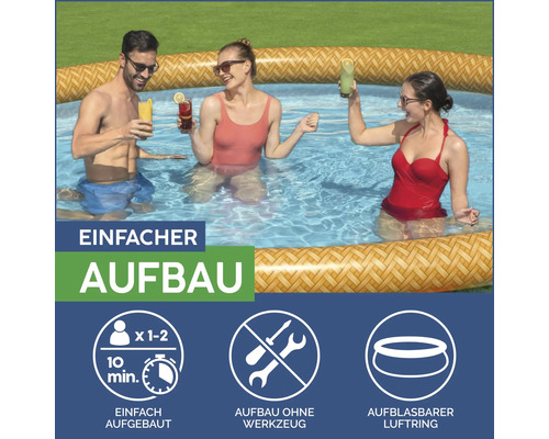 Aufblasbarer Pool mit drei Personen und Cocktailgläsern. Einfache Installation in 10 Minuten ohne Werkzeug mit aufblasbarem Luftring.