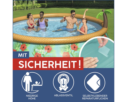 Aufblasbarer Bestway Pool mit Personen, Reparaturflicken, Ablassventil und niedriger Höhe für mehr Sicherheit
