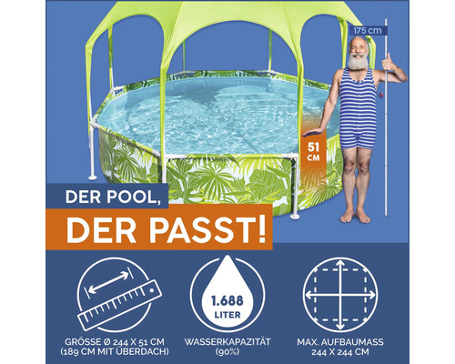 Gartenpool mit Sonnenschutzdach, Füllmenge 1688 Liter, Durchmesser 244 cm, Höhe 51 cm