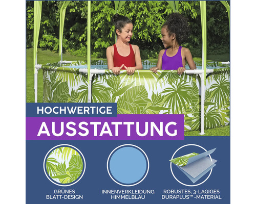 Aufstellpool mit Blattdesign, Himmelblauer Innenverkleidung und robustem, dreilagigem DuraPlus Material.
