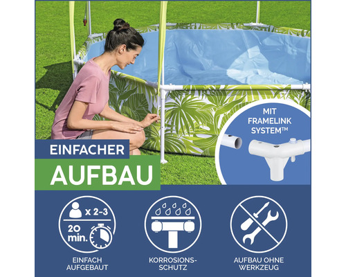 Aufbau eines Frame Pools mit Frame Link System. Einfacher Aufbau ohne Werkzeug. Korrosionsschutz.