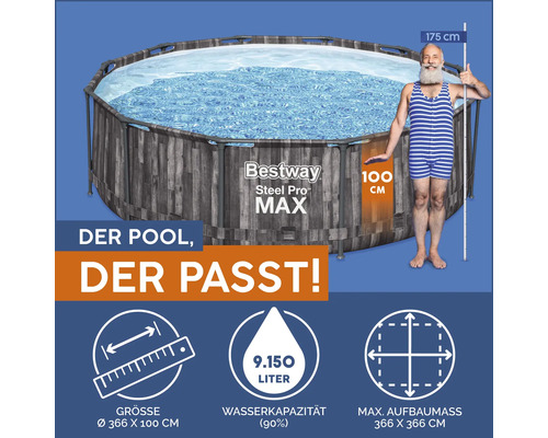Bestway Steel Pro Max Pool mit den Maßen 366 x 100 cm und einer Füllmenge von 9.150 Litern