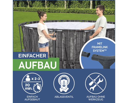 Aufbaupool mit FrameLink System und einfacher Montage durch zwei bis drei Personen in circa 20 Minuten