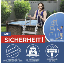 Aufstellpool mit Sicherheitsleiter und Hinweisen zu Maßen, Belastbarkeit und Korrosionsschutz