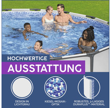 Familie genießt den Pool mit hochwertiger Ausstattung: hellgraues Design, Kieselmosaikoptik und robustes, dreilagiges DuraPlus Material.