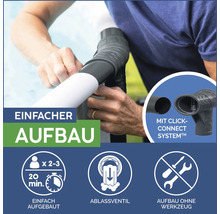 Einfache Montage von Rohren mit Click-Connect System und Ablassventil. Aufbau ohne Werkzeug.