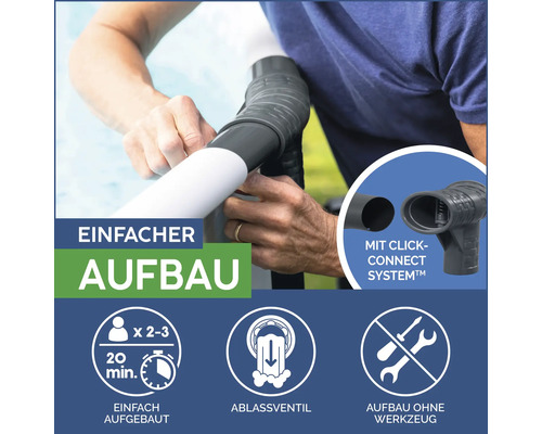 Einfache Montage von Rohren mit Click-Connect System und Ablassventil. Aufbau ohne Werkzeug.