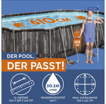 Bestway Frame Pool mit Größenangaben und Mann für Maßstabsvergleich