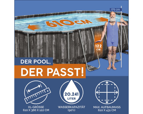 Bestway Frame Pool mit Größenangaben und Mann für Maßstabsvergleich