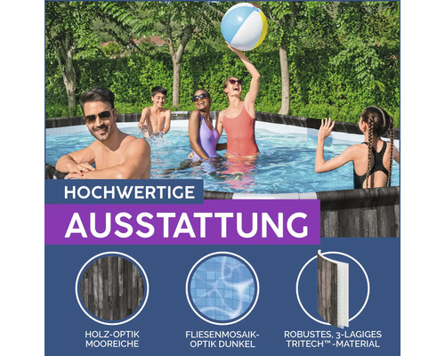 Familienpool mit hochwertiger Ausstattung, Holzoptik Mooreiche, Fliesenmosaik Optik dunkel und robustem 3-lagigem Tritech Material