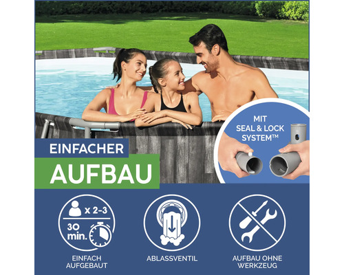 Familie im Frame Pool, hervorgehobene Merkmale: einfacher Aufbau, Seal and Lock System, Ablassventil, Aufbau ohne Werkzeug