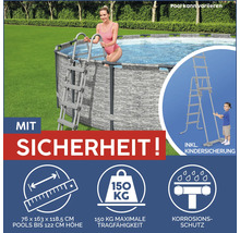 Pool mit Leiter und Sicherheitsmerkmalen wie Kindersicherung, Korrosionsschutz und maximaler Tragfähigkeit von 150 Kilogramm.