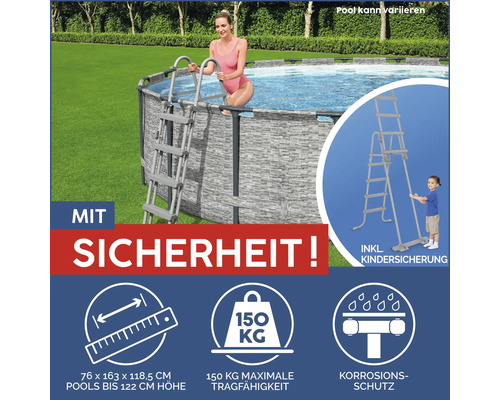 Pool mit Leiter und Sicherheitsmerkmalen wie Kindersicherung, Korrosionsschutz und maximaler Tragfähigkeit von 150 Kilogramm.