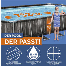 Frame Pool mit den Maßen 732 x 366 x 122 cm, Wasserkapazität 25495 Liter, Aufbaugröße 732 x 431 cm