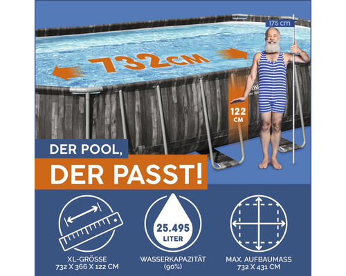 Frame Pool mit den Maßen 732 x 366 x 122 cm, Wasserkapazität 25495 Liter, Aufbaugröße 732 x 431 cm