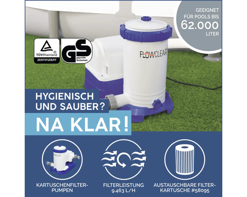 Flowclear Kartuschenfilteranlage geeignet für Pools bis 62000 Liter. TÜV Rheinland zertifiziert, GS geprüfte Sicherheit.