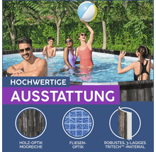 Szene eines Pools mit Personen, die sich vergnügen, darunter Darstellungen von Holzoptik, Fliesenoptik und robustem, dreilagigem Tritech Material