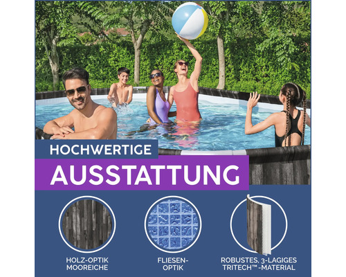 Szene eines Pools mit Personen, die sich vergnügen, darunter Darstellungen von Holzoptik, Fliesenoptik und robustem, dreilagigem Tritech Material