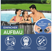 Familie im Frame Pool mit einfacher Montage, Ablassventil und Aufbau ohne Werkzeug.