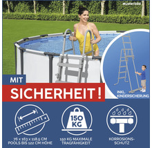 Pool mit Sicherheitsleiter, Kindersicherung, Korrosionsschutz und maximaler Tragfähigkeit von 150 Kilogramm