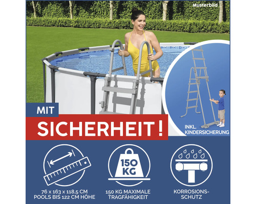 Pool mit Sicherheitsleiter, Kindersicherung, Korrosionsschutz und maximaler Tragfähigkeit von 150 Kilogramm
