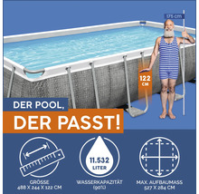 Rechteckiger Frame-Pool mit den Maßen 488 x 244 x 122 cm, Wasserinhalt 11532 Liter, maximale Aufstellfläche 527 x 284 cm.
