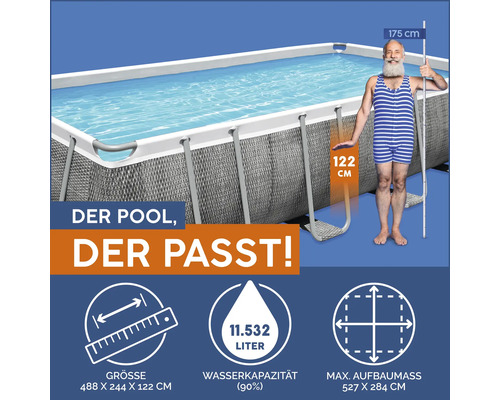 Rechteckiger Frame-Pool mit den Maßen 488 x 244 x 122 cm, Wasserinhalt 11532 Liter, maximale Aufstellfläche 527 x 284 cm.