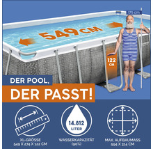 Rechteckiger Pool mit den Maßen 549 x 274 x 122 cm und einer Wasserkapazität von 14812 Litern