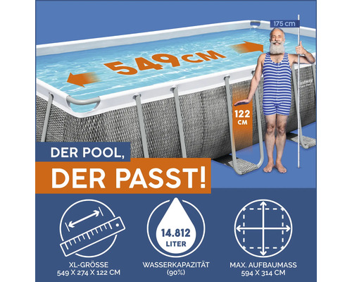 Rechteckiger Pool mit den Maßen 549 x 274 x 122 cm und einer Wasserkapazität von 14812 Litern