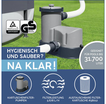 Kartuschenfilterpumpe für Pools bis 31700 Liter, mit TÜV Rheinland Zertifikat und Geprüfter Sicherheit Siegel.