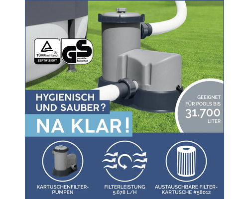 Kartuschenfilterpumpe für Pools bis 31700 Liter, mit TÜV Rheinland Zertifikat und Geprüfter Sicherheit Siegel.