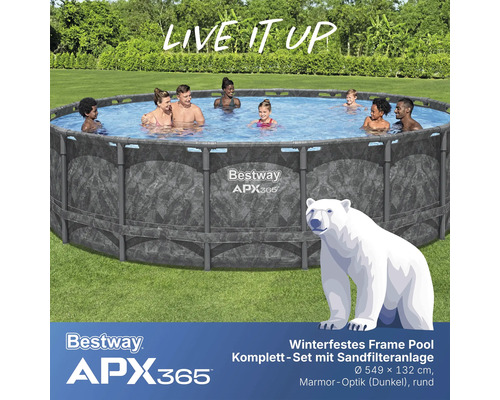 Winterfestes Bestway Frame Pool Komplett-Set mit Sandfilteranlage, Durchmesser 549 x 132 cm, Marmor-Optik, rund, mit Personen im Wasser