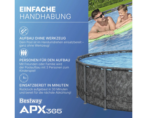 Bestway APX365 Pool mit einfacher Handhabung, Aufbau ohne Werkzeug, Installation mit drei Personen, einsatzbereit in wenigen Minuten