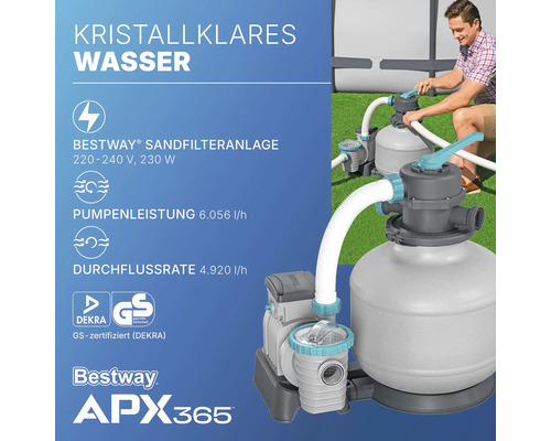 Bestway Sandfilteranlage APX365 mit einer Pumpenleistung von 6.056 l/h und einer Durchflussrate von 4.920 l/h