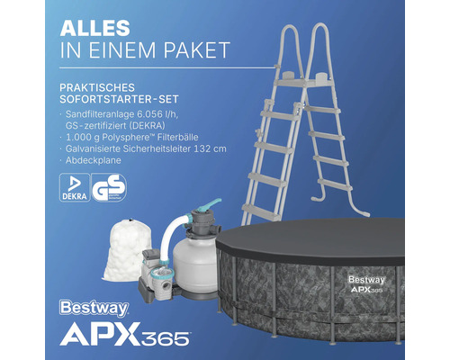 Bestway APX365 Pool Komplettset mit Sandfilteranlage, Filterbällen, Sicherheitsleiter und Abdeckplane