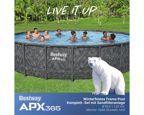 Winterfestes Frame Pool Komplett-Set mit Sandfilteranlage, Durchmesser 610 x 132 cm, Marmor-Optik, rund