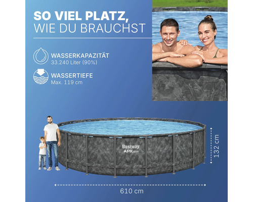 Rundes Bestway APX365 Frame Pool Set mit den Maßen 610 x 132 cm, Wasserinhalt 33240 Liter.