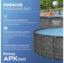 Bestway APX365 Pool mit einfacher Handhabung, werkzeuglosem Aufbau, geeignet für drei Personen, einsatzbereit in Minuten.