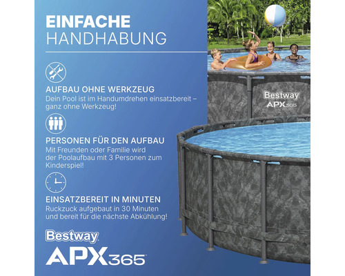 Bestway APX365 Pool mit einfacher Handhabung, werkzeuglosem Aufbau, geeignet für drei Personen, einsatzbereit in Minuten.