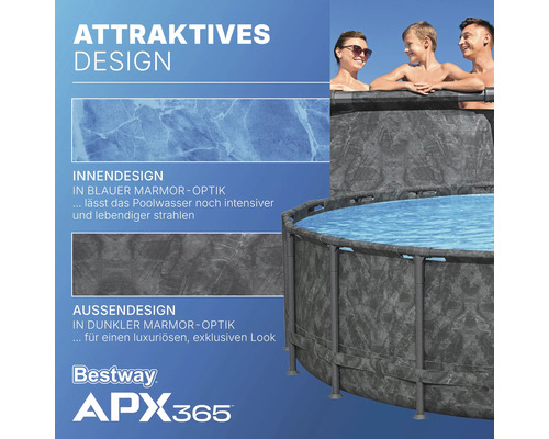 Bestway APX365 Frame Pool mit Innen- und Außendesign in Marmoroptik und Familie im Pool