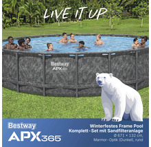 Winterfestes Frame Pool Komplett-Set mit Sandfilteranlage, Durchmesser 671 x 132 cm, Marmor-Optik, rund mit Menschen im Wasser und Bestway APX365 Logo