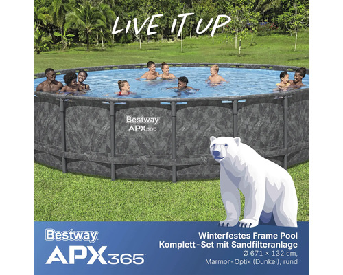 Winterfestes Frame Pool Komplett-Set mit Sandfilteranlage, Durchmesser 671 x 132 cm, Marmor-Optik, rund mit Menschen im Wasser und Bestway APX365 Logo