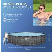 Rundes Aufstellbecken mit den Maßen 671 x 132 cm, Wasserkapazität von 40377 Litern und Bestway Logo