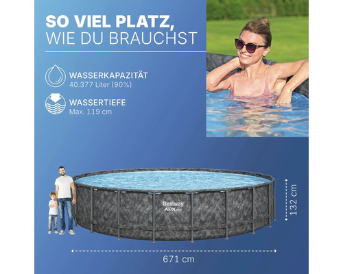 Rundes Aufstellbecken mit den Maßen 671 x 132 cm, Wasserkapazität von 40377 Litern und Bestway Logo