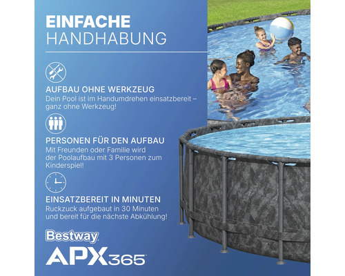 Bestway APX365 Frame Pool mit einfacher Handhabung, Aufbau ohne Werkzeug und Einsatzbereitschaft in Minuten