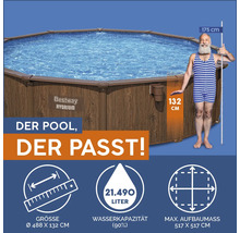 Bestway Hydrium Pool mit Größenangaben und einer Person zum Größenvergleich.