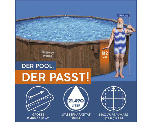Bestway Hydrium Pool mit Größenangaben und einer Person zum Größenvergleich.