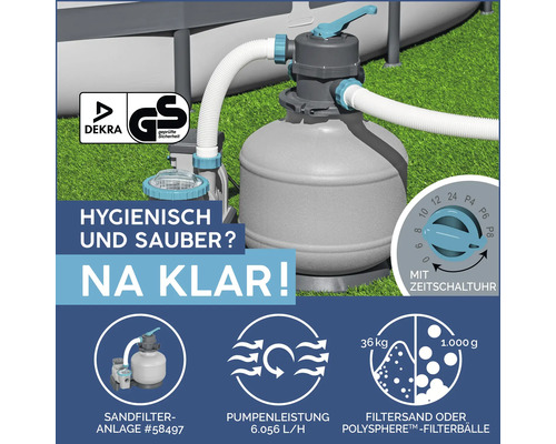 Sandfilteranlage für Pools mit Dekra Siegel und GS Zeichen für geprüfte Sicherheit.